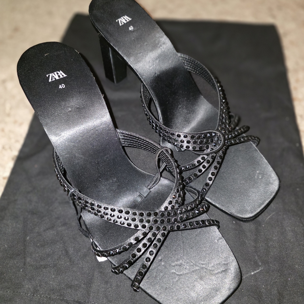 Zara Black Leather Heels with Metal Accents